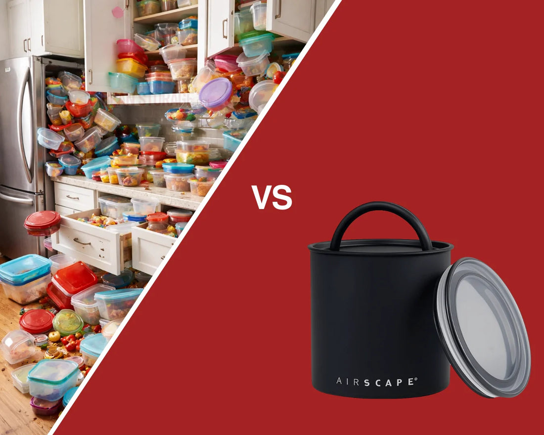 Airscape vs Airtight Coffee Bean Storage Article Bean Storage coffee canisters Tupperware falling from a kitchen cabinet