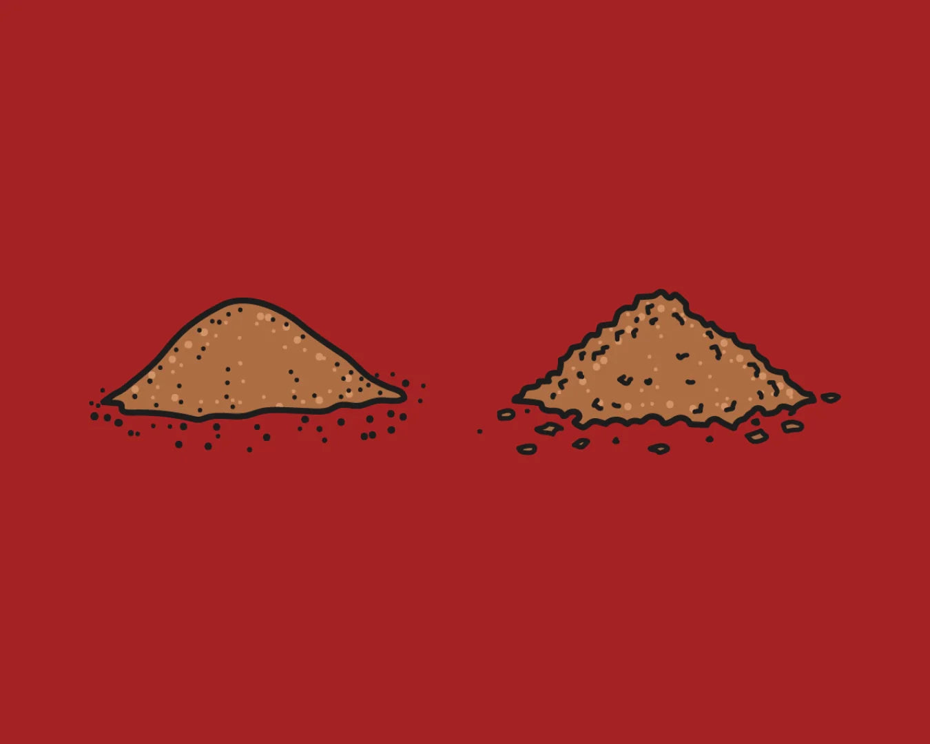 Coffee Extraction Explained (Without the Jargon) - Coffee Grind Size Coffee Grounds Piles of coffee grounds on Red Background Bean Storage Coffee Gear online