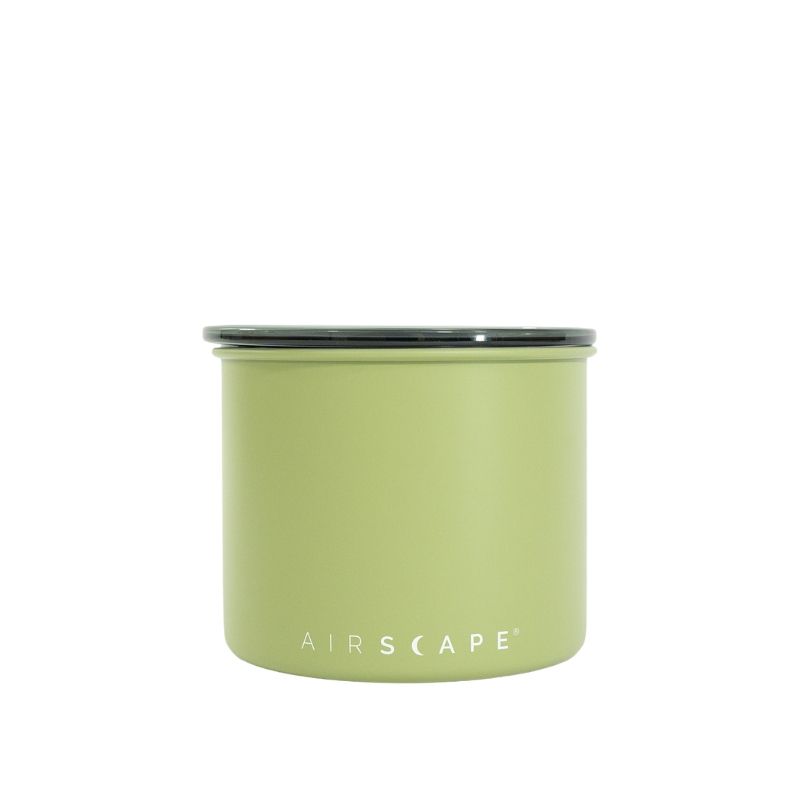Airscape Matte Lichen Bean Storage coffee bean storage canister Green cylindrical container with black lid on a white background