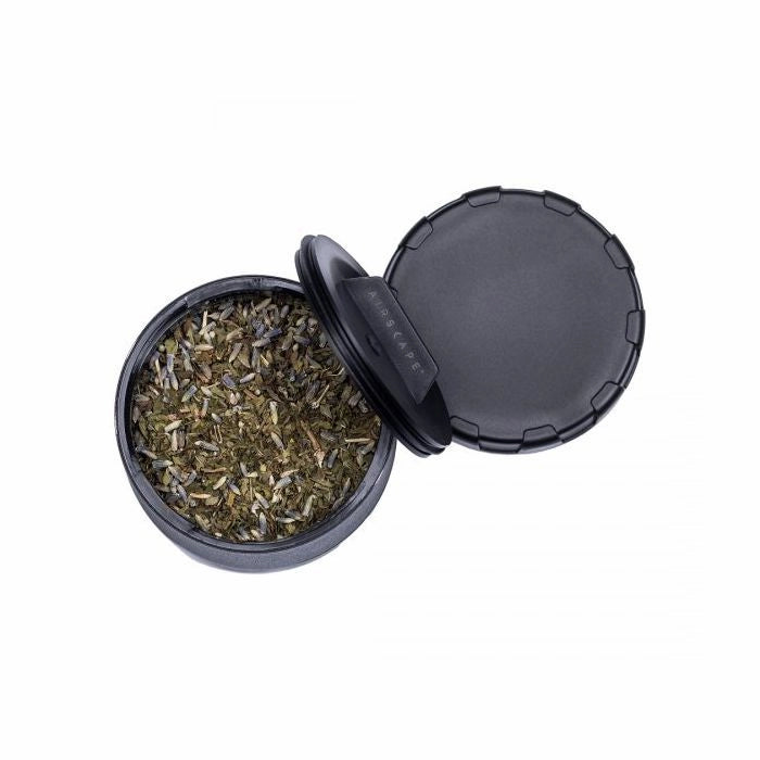 Airscape Mini CarGo Can Bru Trek Airscape Coffee Storage Container Bean Storage container Black on White Background full of tealeaves or herbs storage