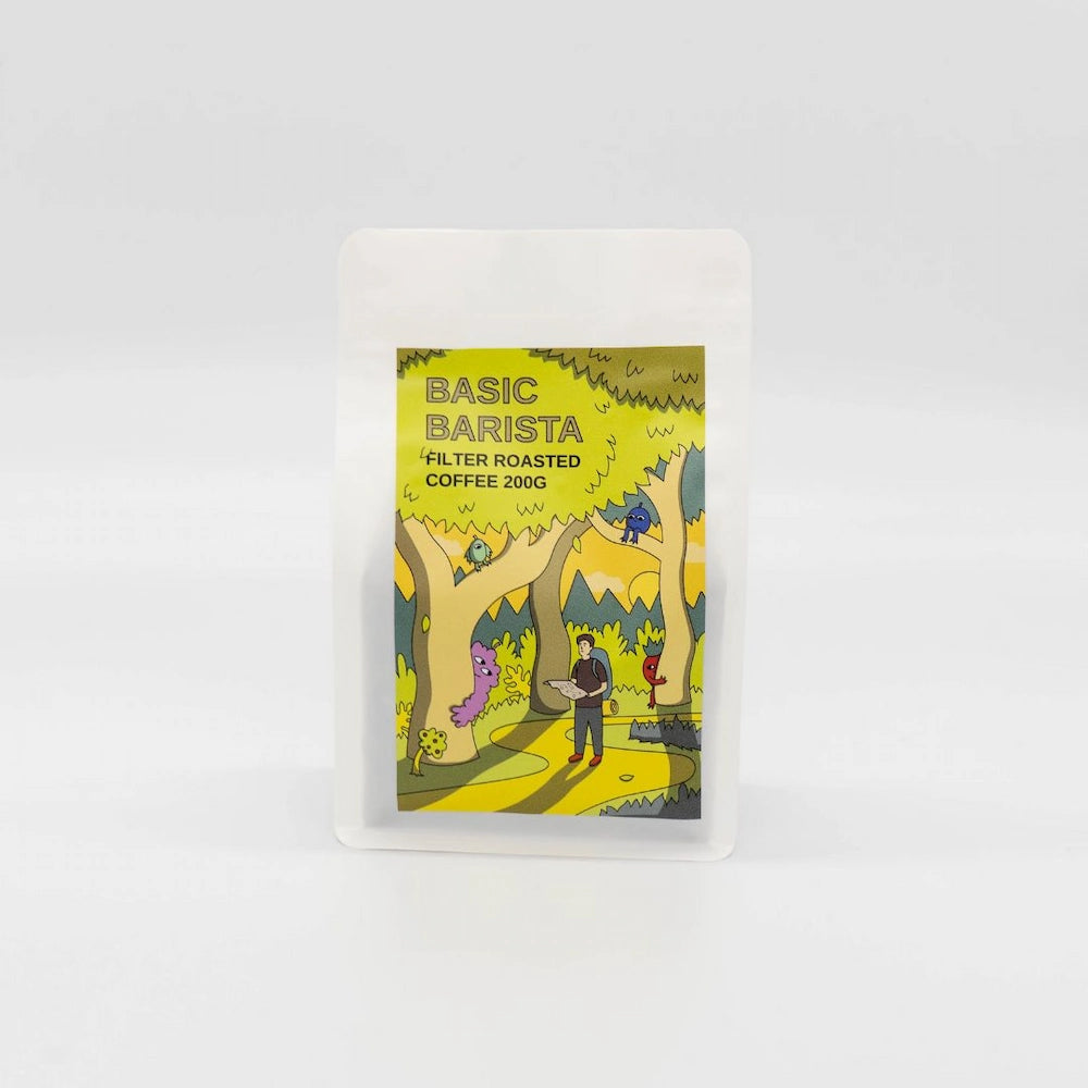 Basic Barista Coffee Beans - espresso roast / filter roast basic coffee Pour over coffee gear Brew gear Yellow coffee bean bag on white background 