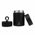 Black insulated coffee bean jar with multiple lids on a white background