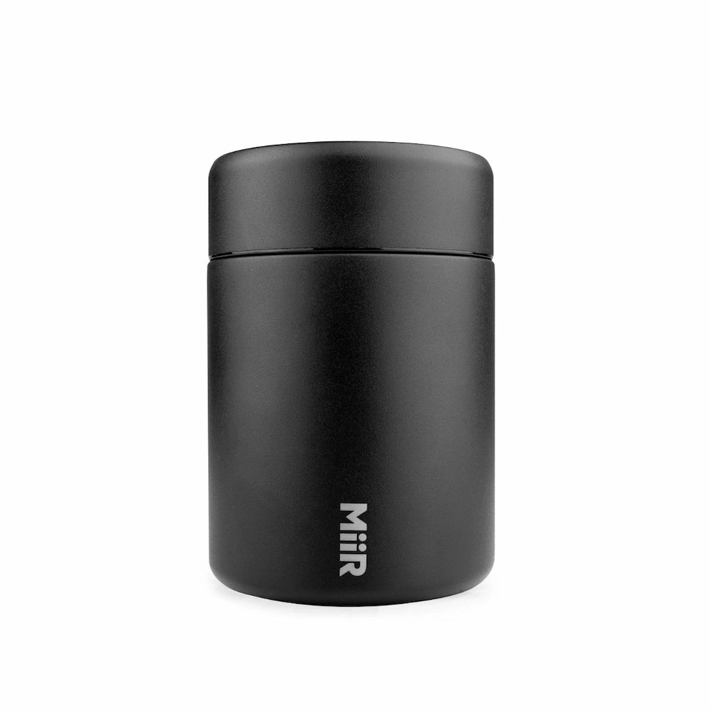 Black thermos with MiiR logo on a white background